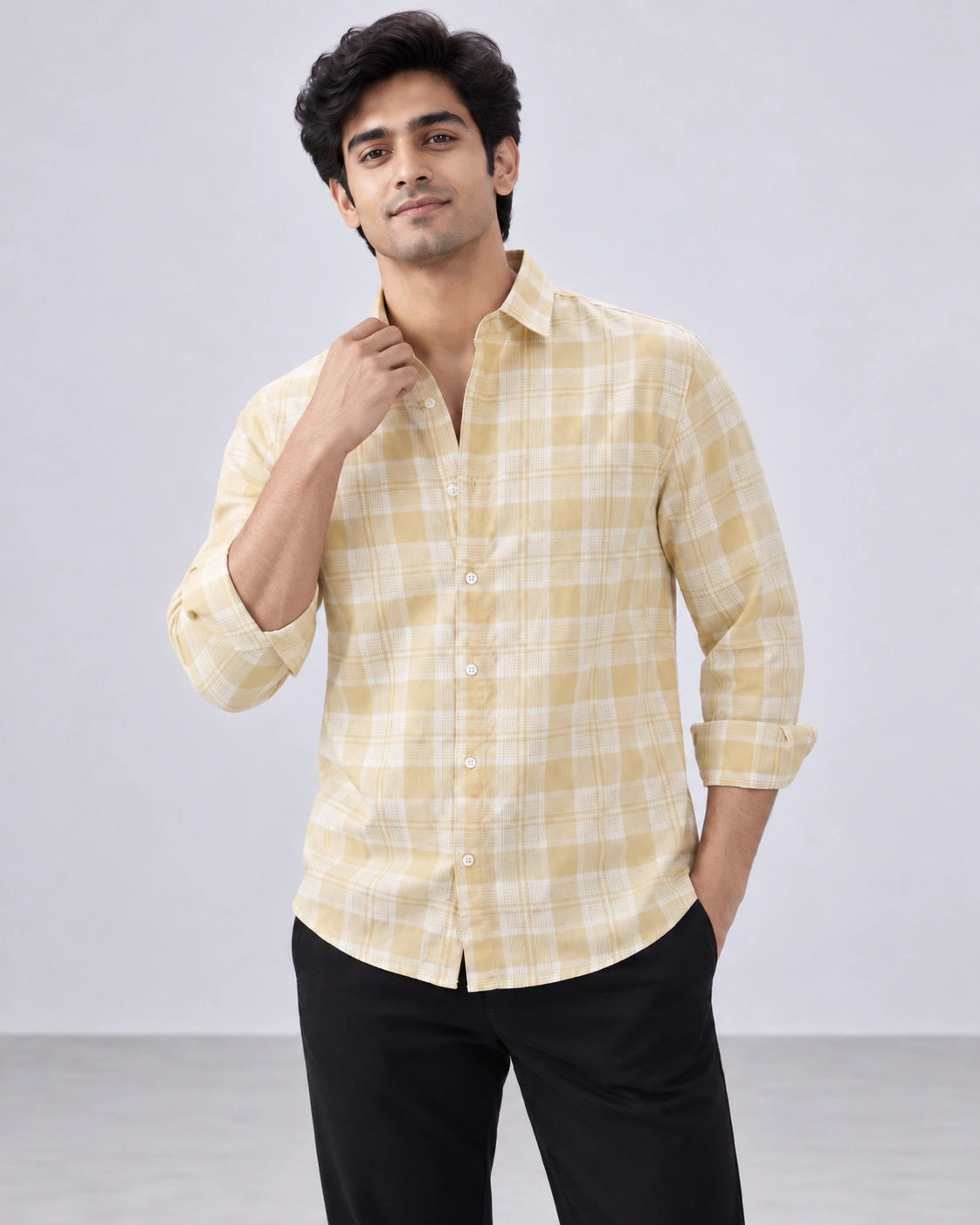 Yellow & White Large Check Shirt - Full Walking View