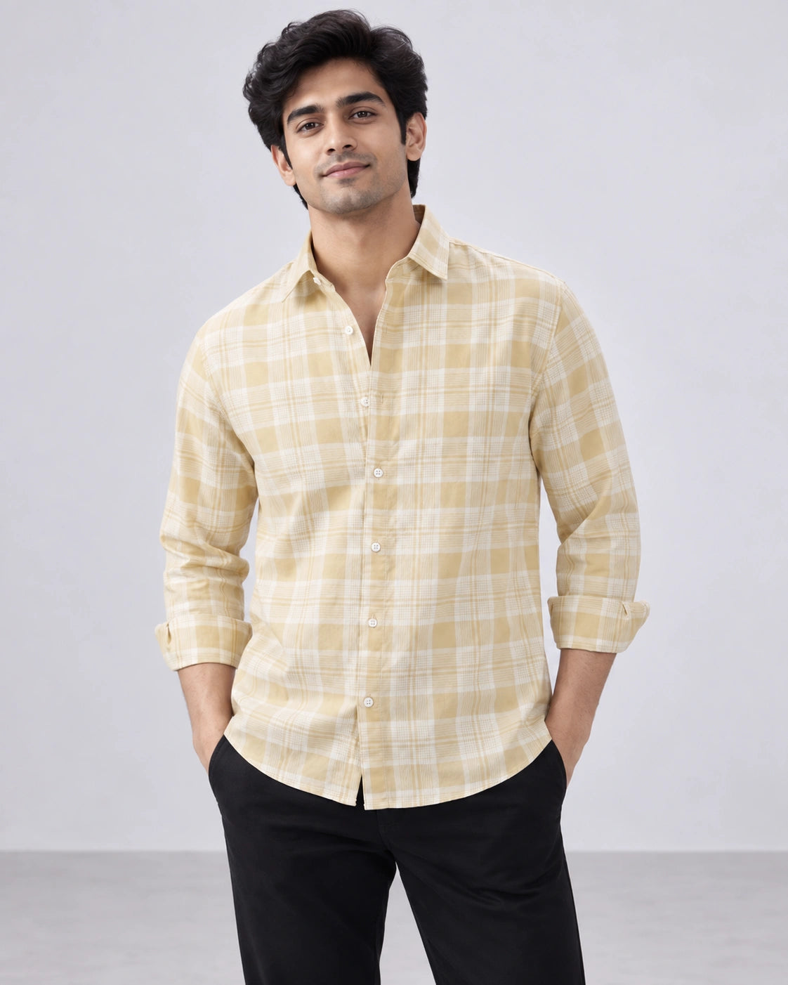 Yellow & White Large Check Shirt - Collar Adjustment Detail