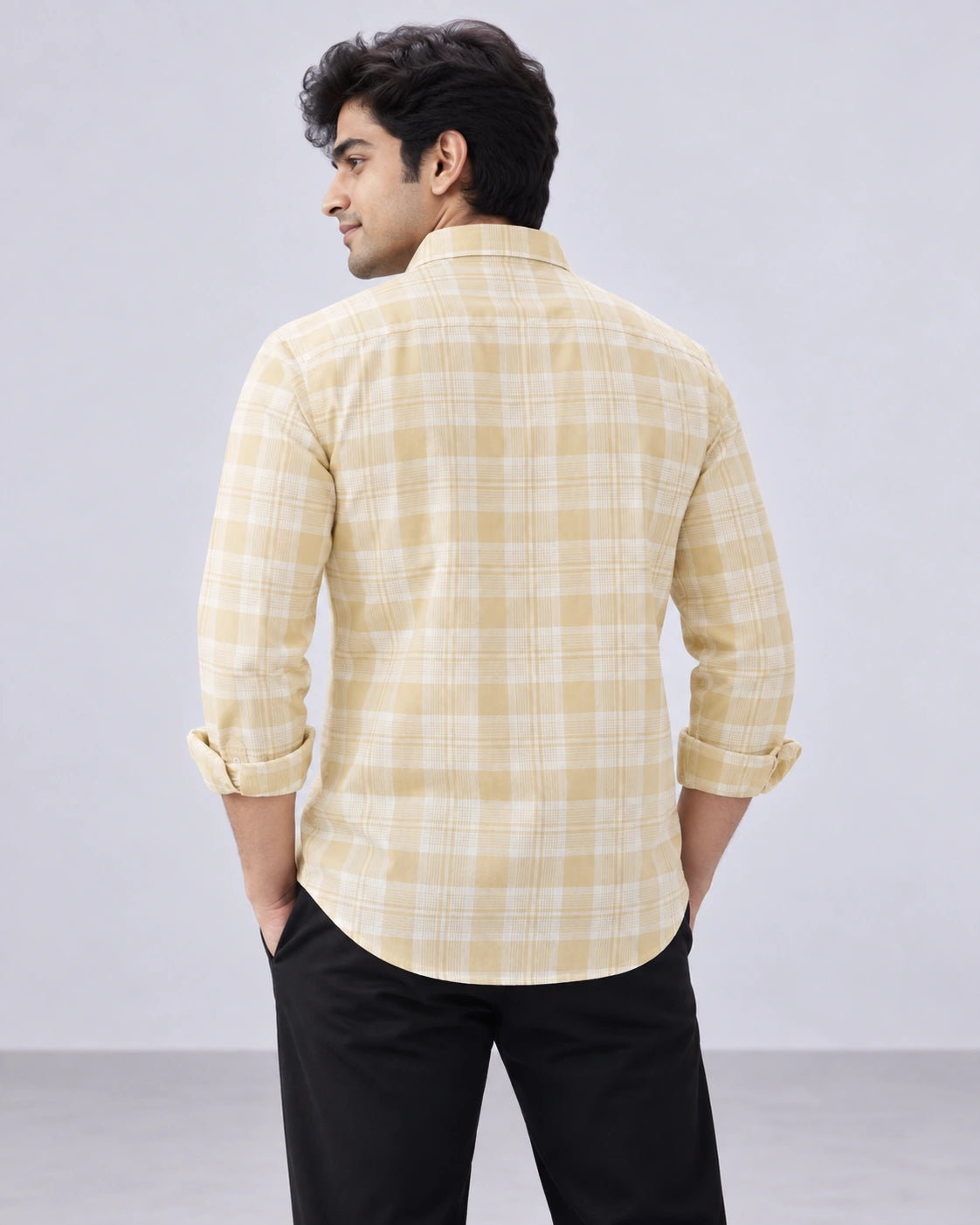 Yellow & White Large Check Shirt - Side Portrait View