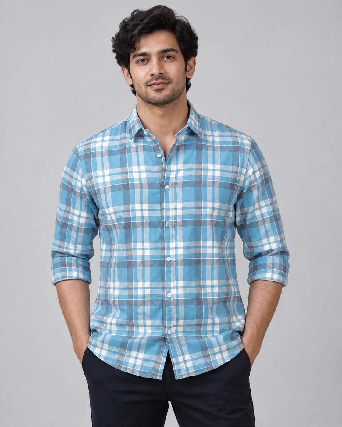 Sky Blue Multi-Check Shirt - Collar Adjust Portrait View