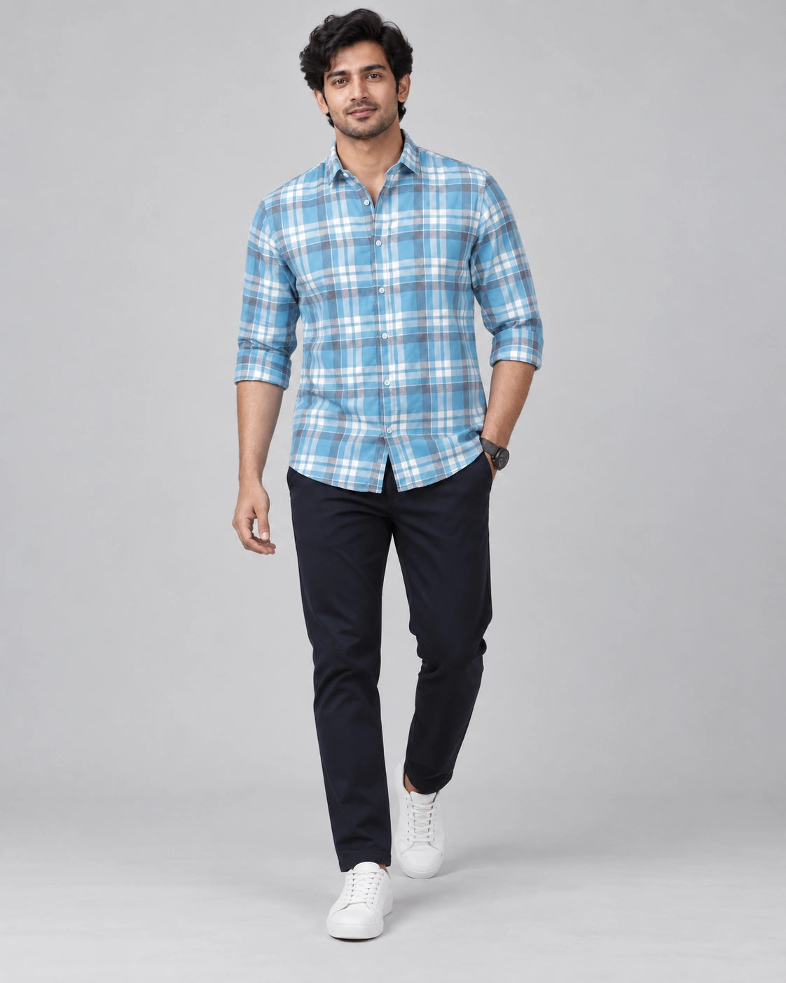 Sky Blue Multi-Check Shirt - Front Relaxed View