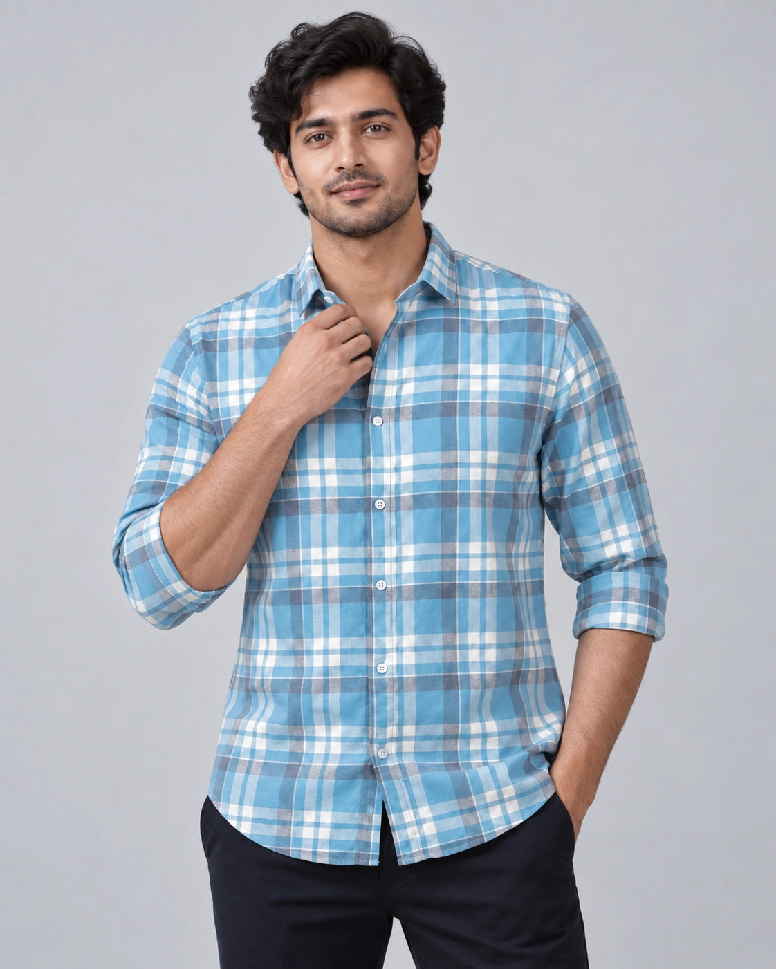 Sky Blue Multi-Check Shirt - Back View