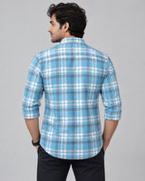Sky Blue Multi-Check Shirt - Front Hands-in-Pocket View