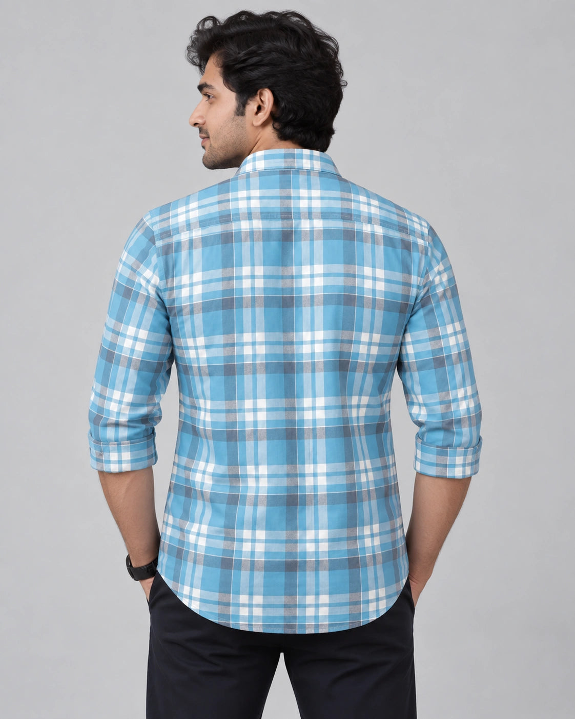 Sky Blue Multi-Check Shirt - Front Hands-in-Pocket View