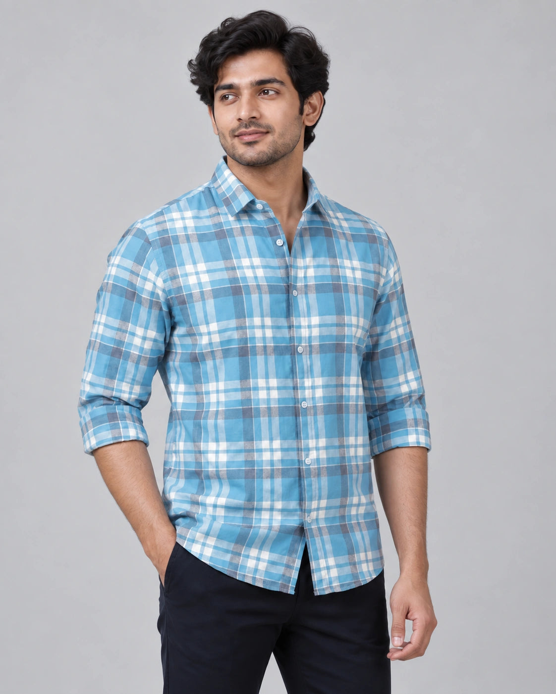 Sky Blue Multi-Check Shirt - Full Walking View
