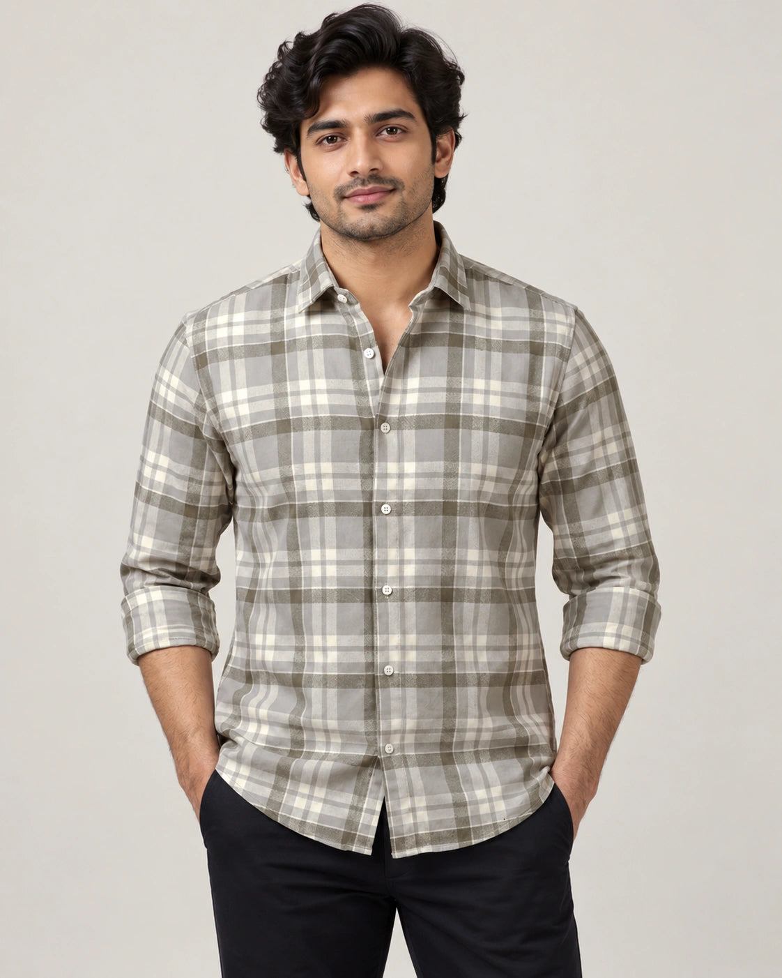 Olive Grey Multi-Check Shirt - Front Portrait View