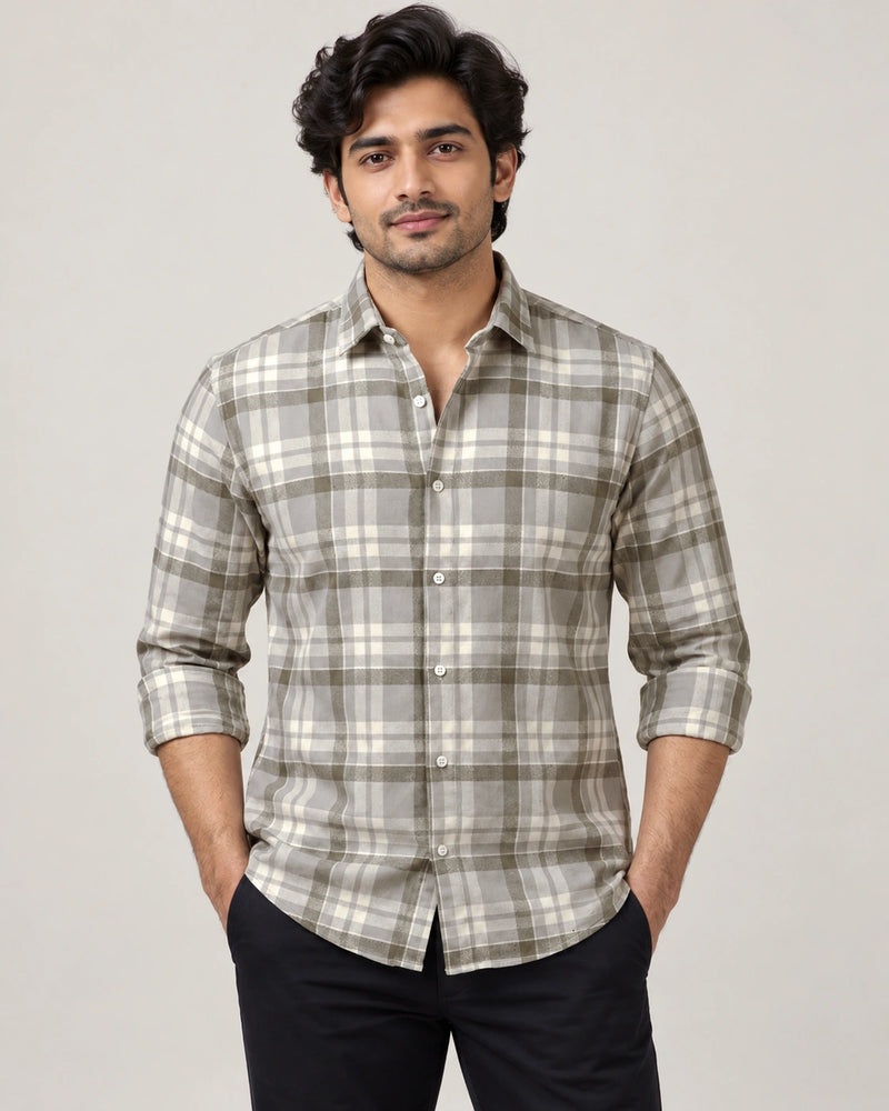 Olive Grey Multi-Check Shirt - Front Portrait View