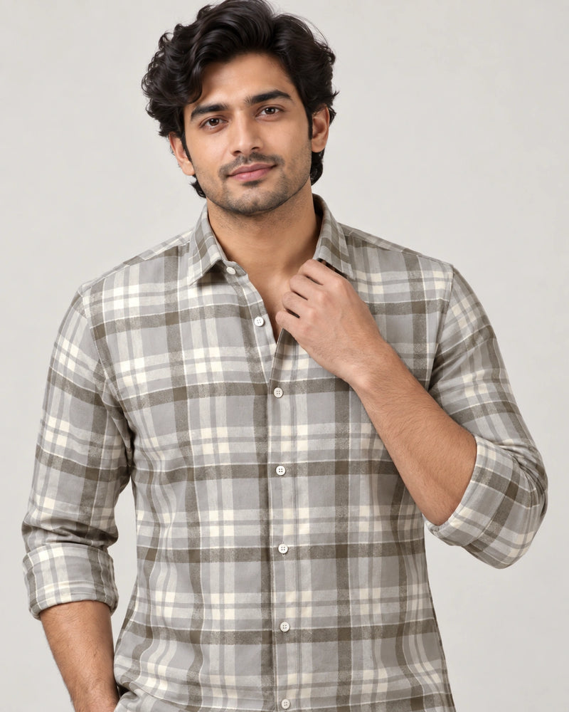 Olive Grey Multi-Check Shirt - Collar Adjust Close-Up