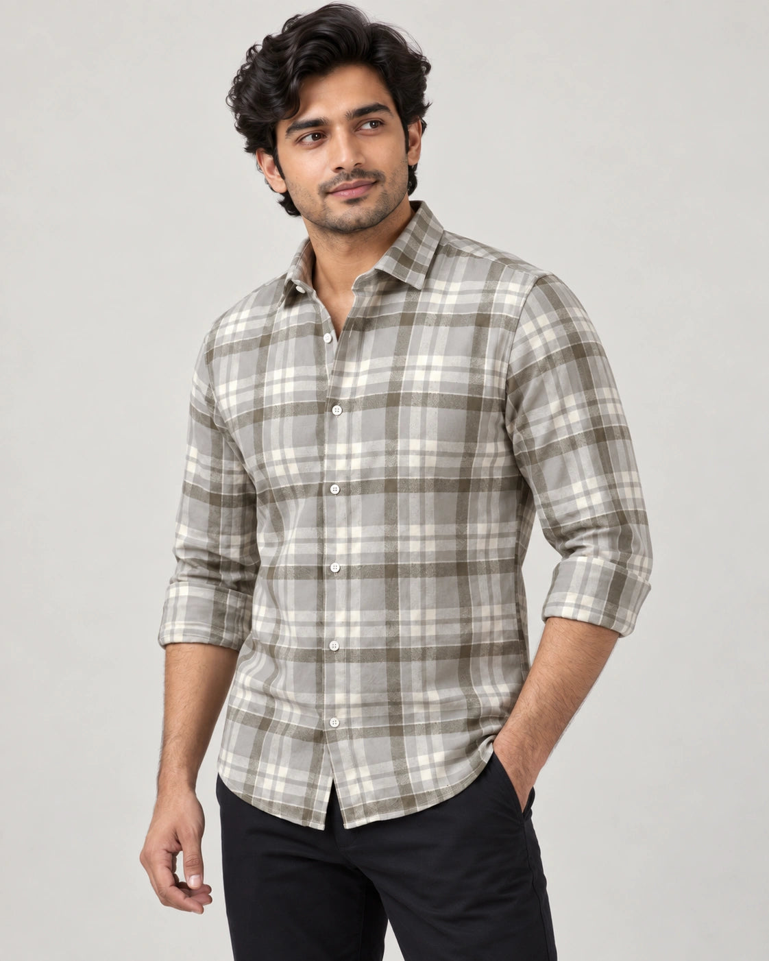 Olive Grey Multi-Check Shirt - Front Relaxed View