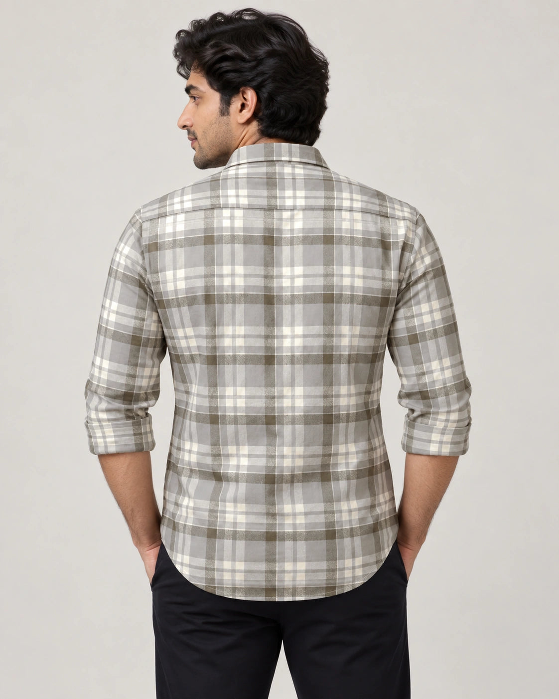 Olive Grey Multi-Check Shirt - Back View