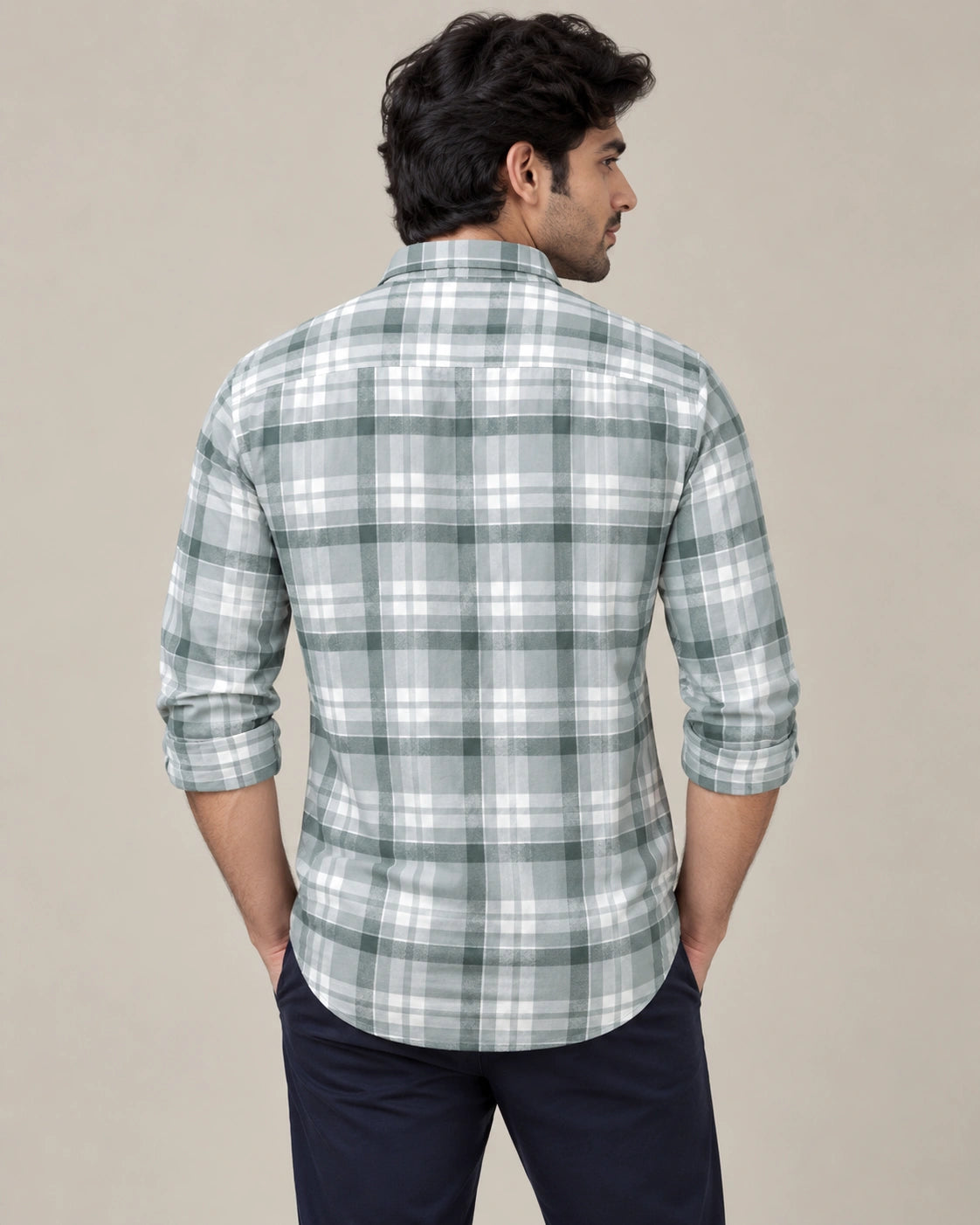 Sage Green & White Multi-Check Shirt - Front Portrait View