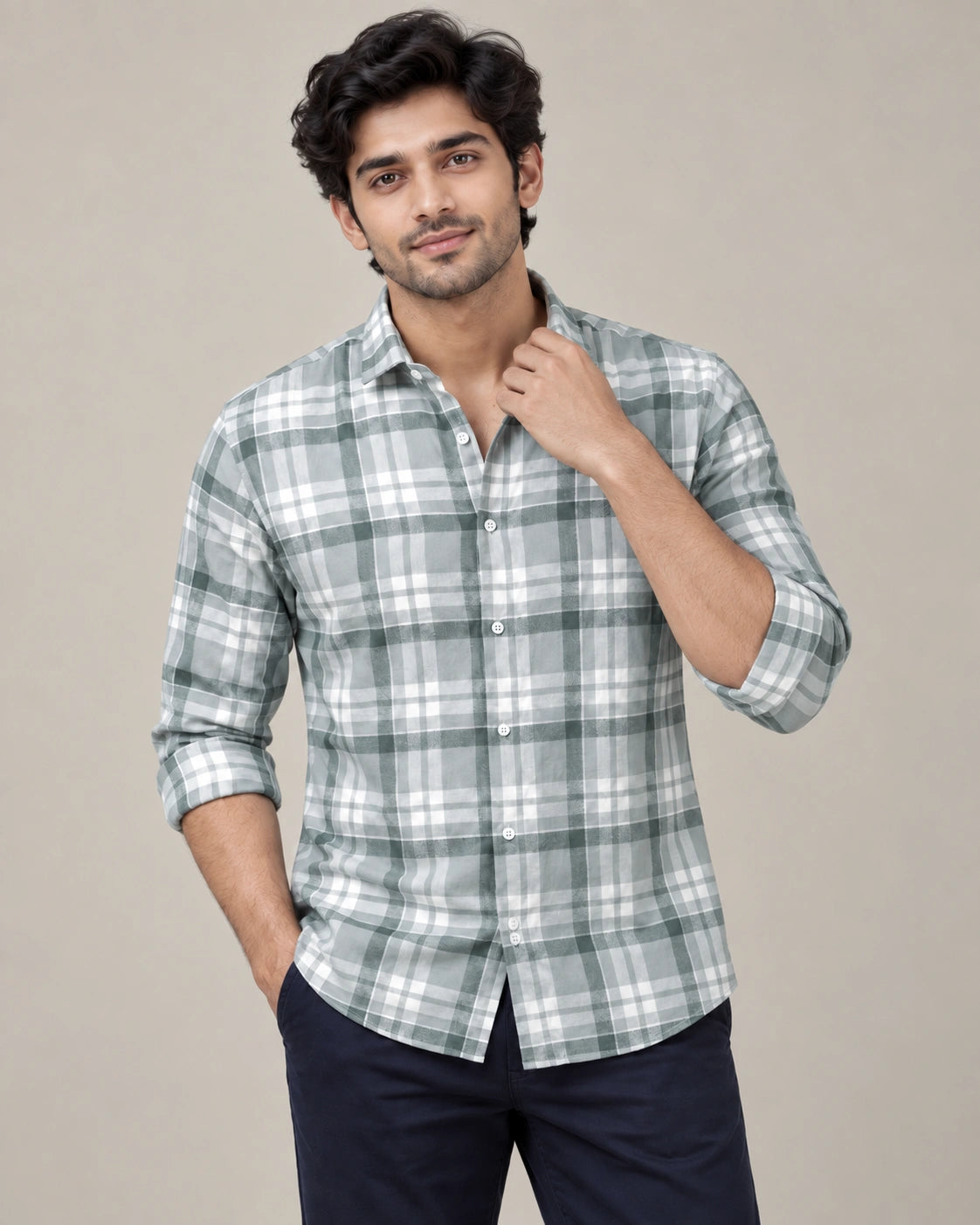 Sage Green & White Multi-Check Shirt - Back View