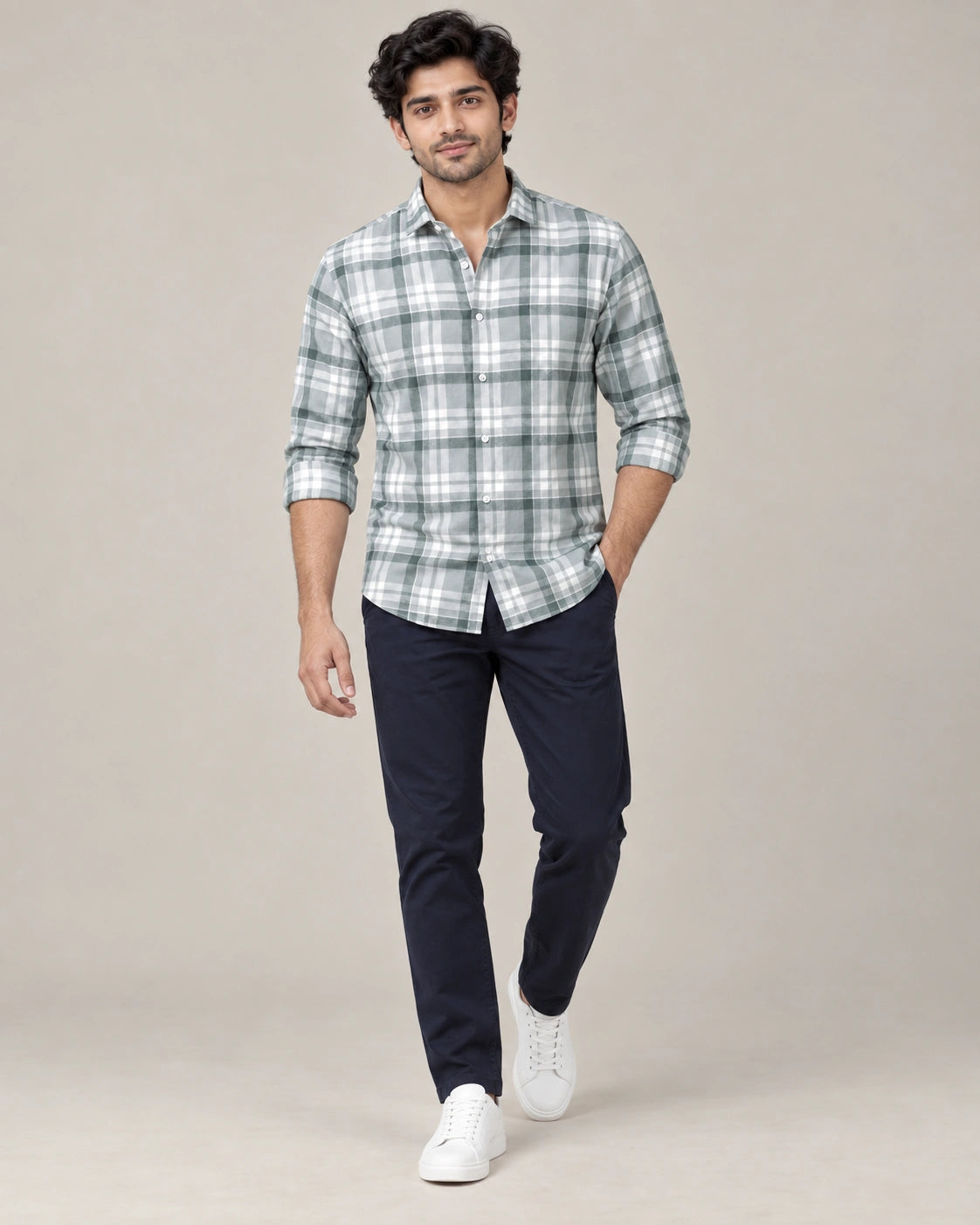 Sage Green & White Multi-Check Shirt - Collar Adjust Close-Up