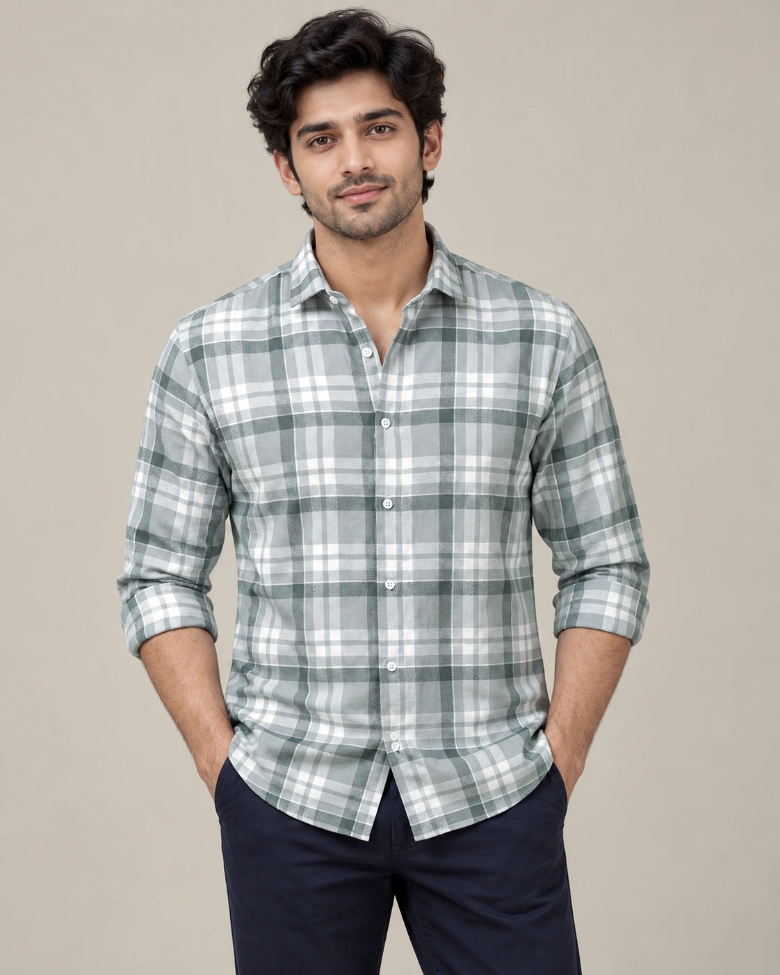 Sage Green & White Multi-Check Shirt - Side Portrait View