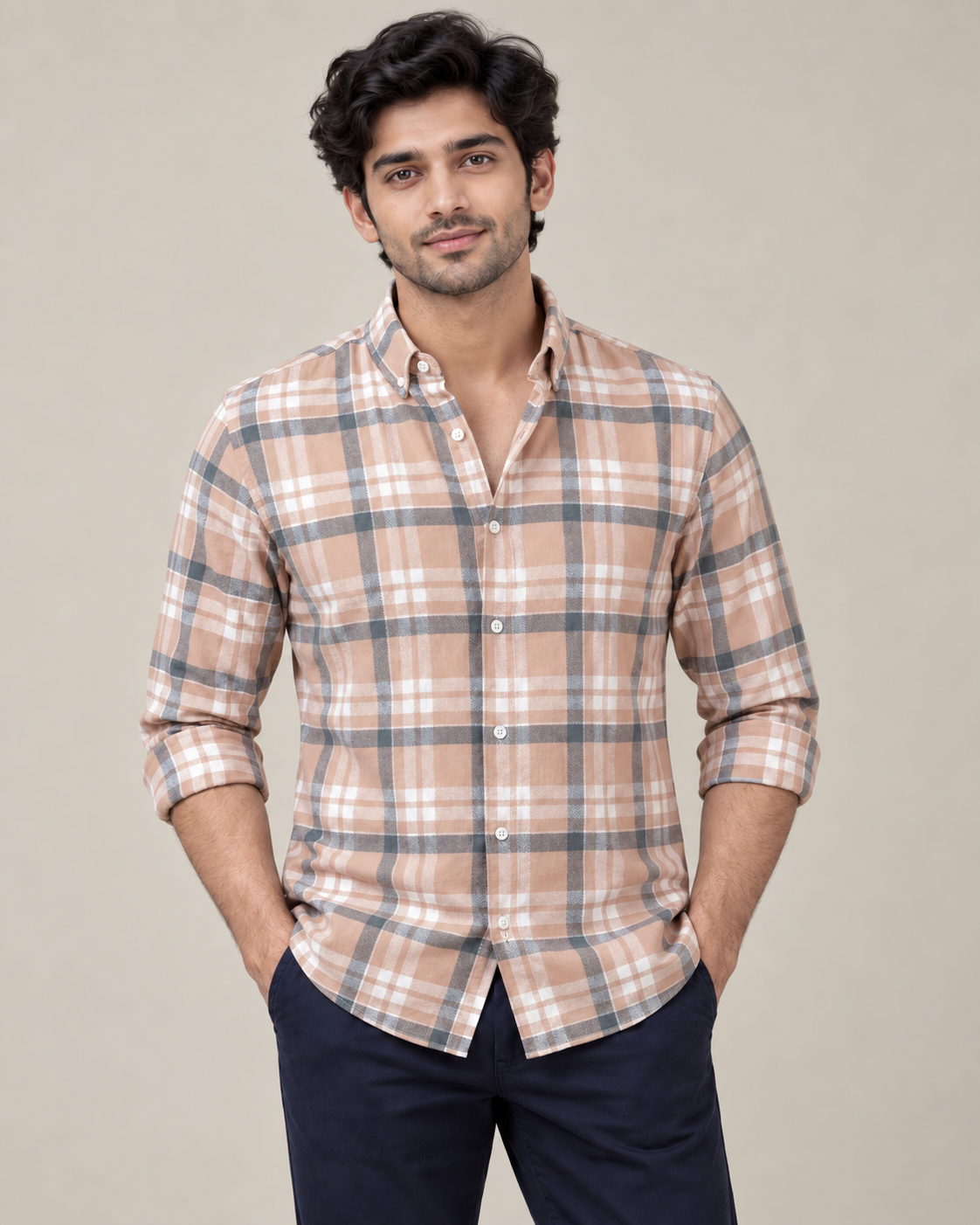 Peach & Grey Large Check Shirt - Front Hands-in-Pocket View