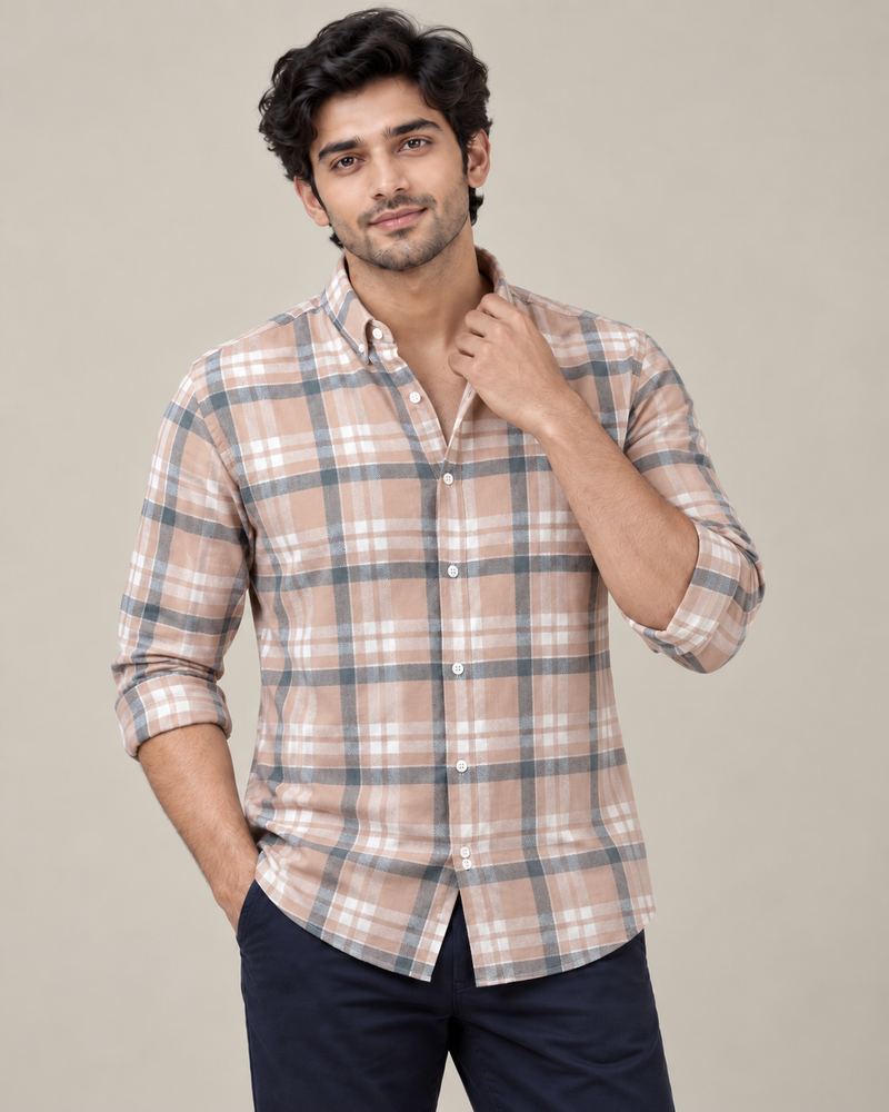 Peach & Grey Large Check Shirt - Collar Adjust Close-Up