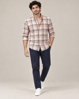 Peach & Grey Large Check Shirt - Full Walking View