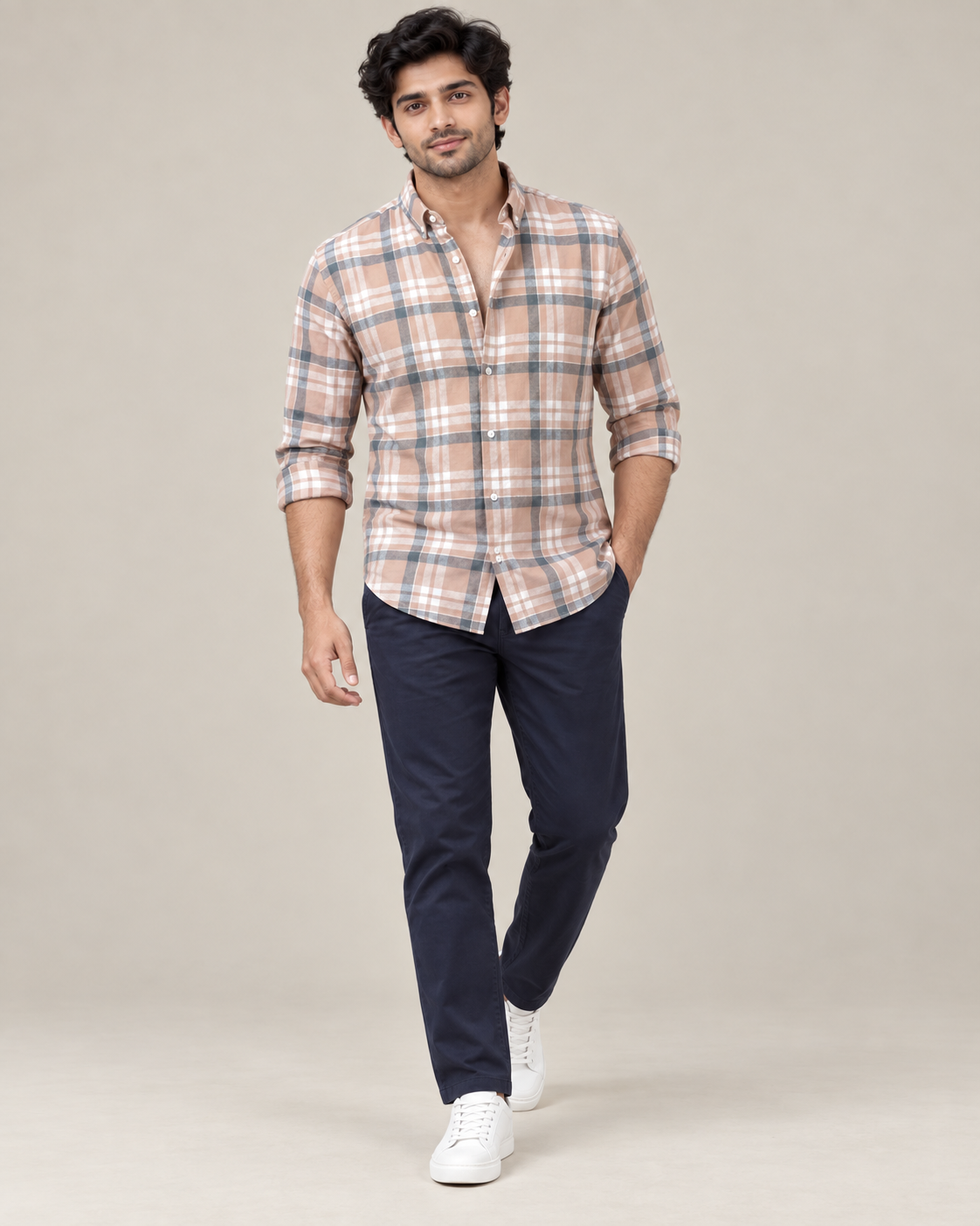 Peach & Grey Large Check Shirt - Full Walking View