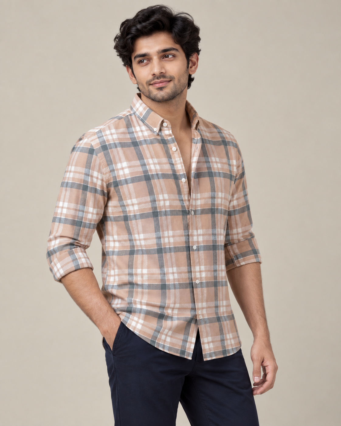 Peach & Grey Large Check Shirt - Front Portrait View