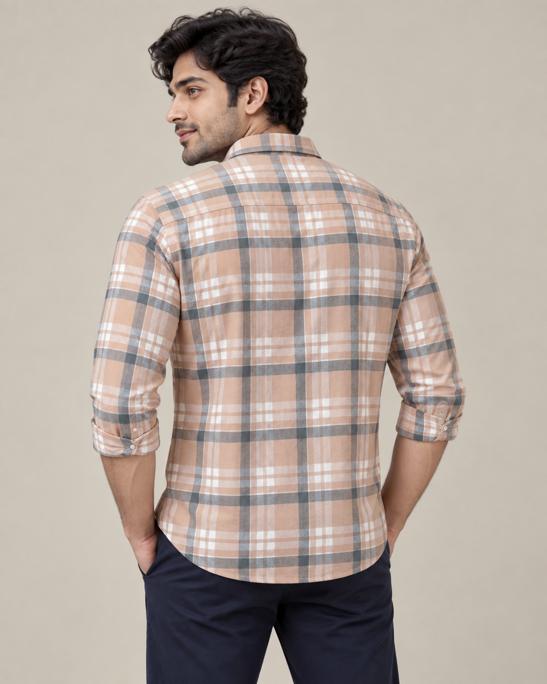 Peach & Grey Large Check Shirt - Back View