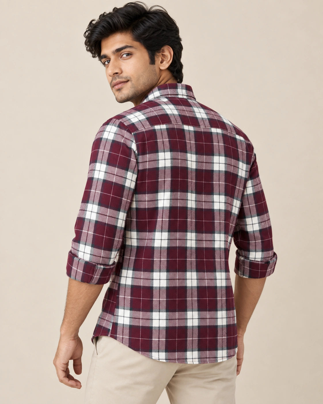 Maroon Bold Check Shirt - Seated Pose