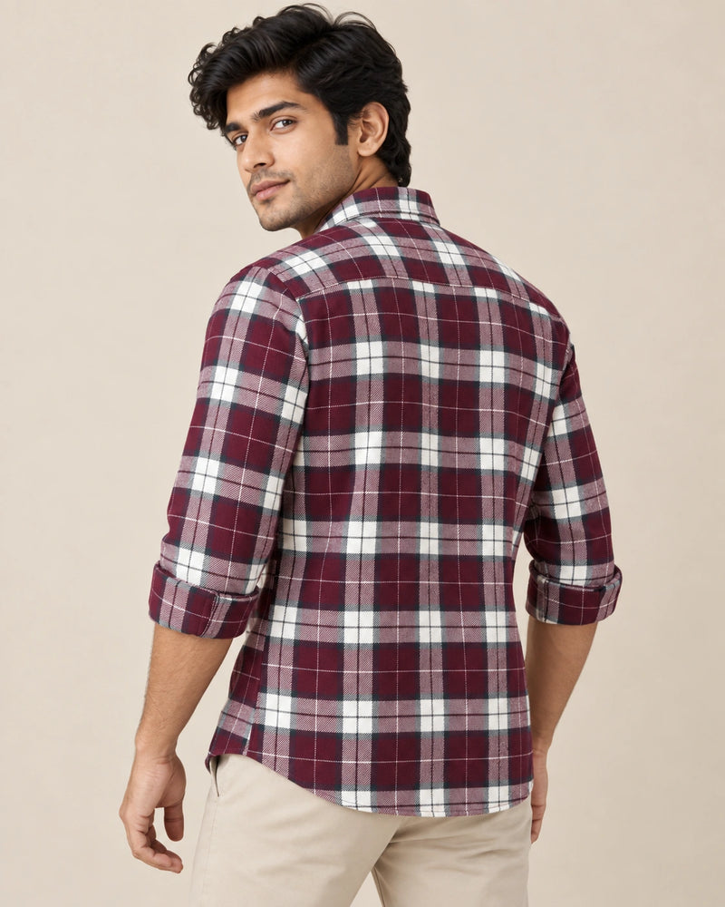 Maroon Bold Check Shirt - Seated Pose