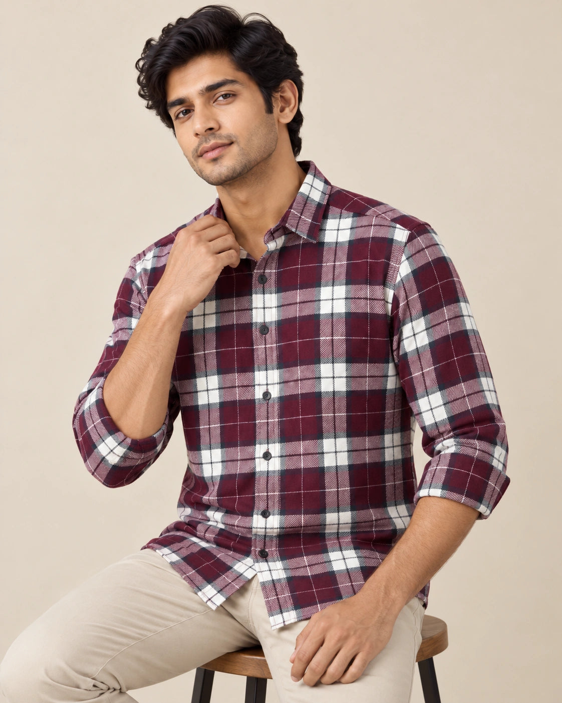 Maroon Bold Check Shirt - Front Detail