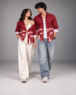 Maroon Jungle Print Slim Fit Shirt