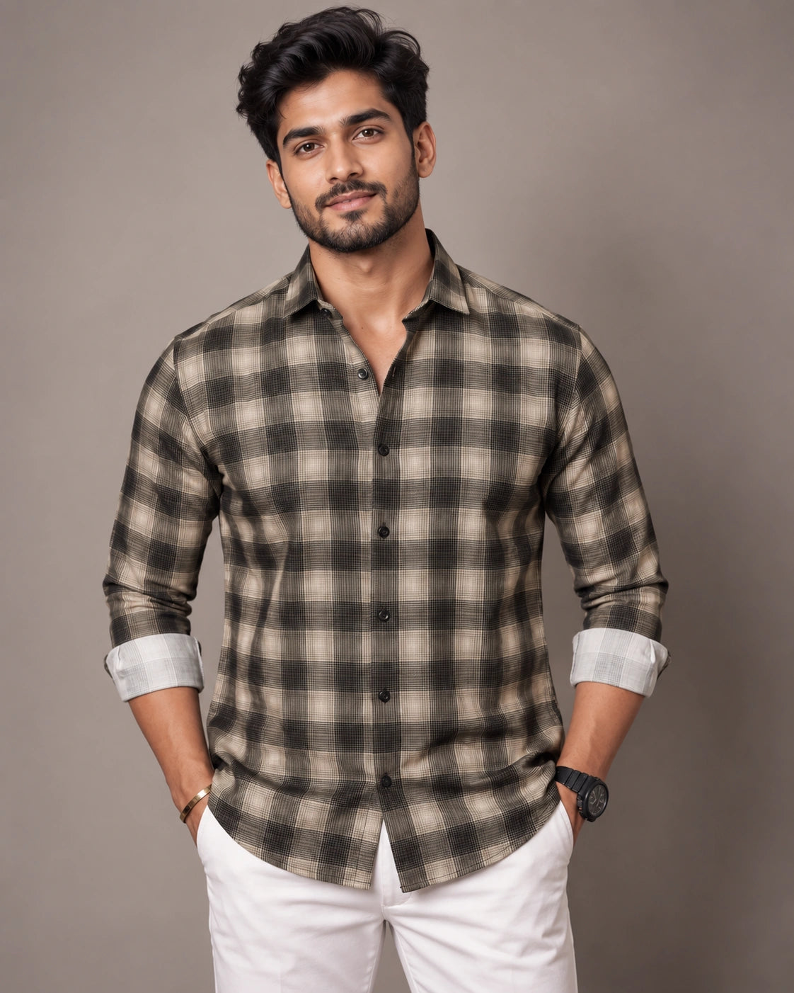 Brown Olive Check Shirt - Front View 1