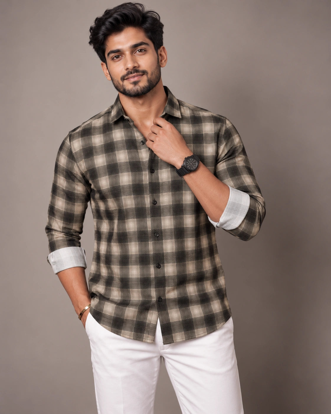 Brown Olive Check Shirt - Front View 3