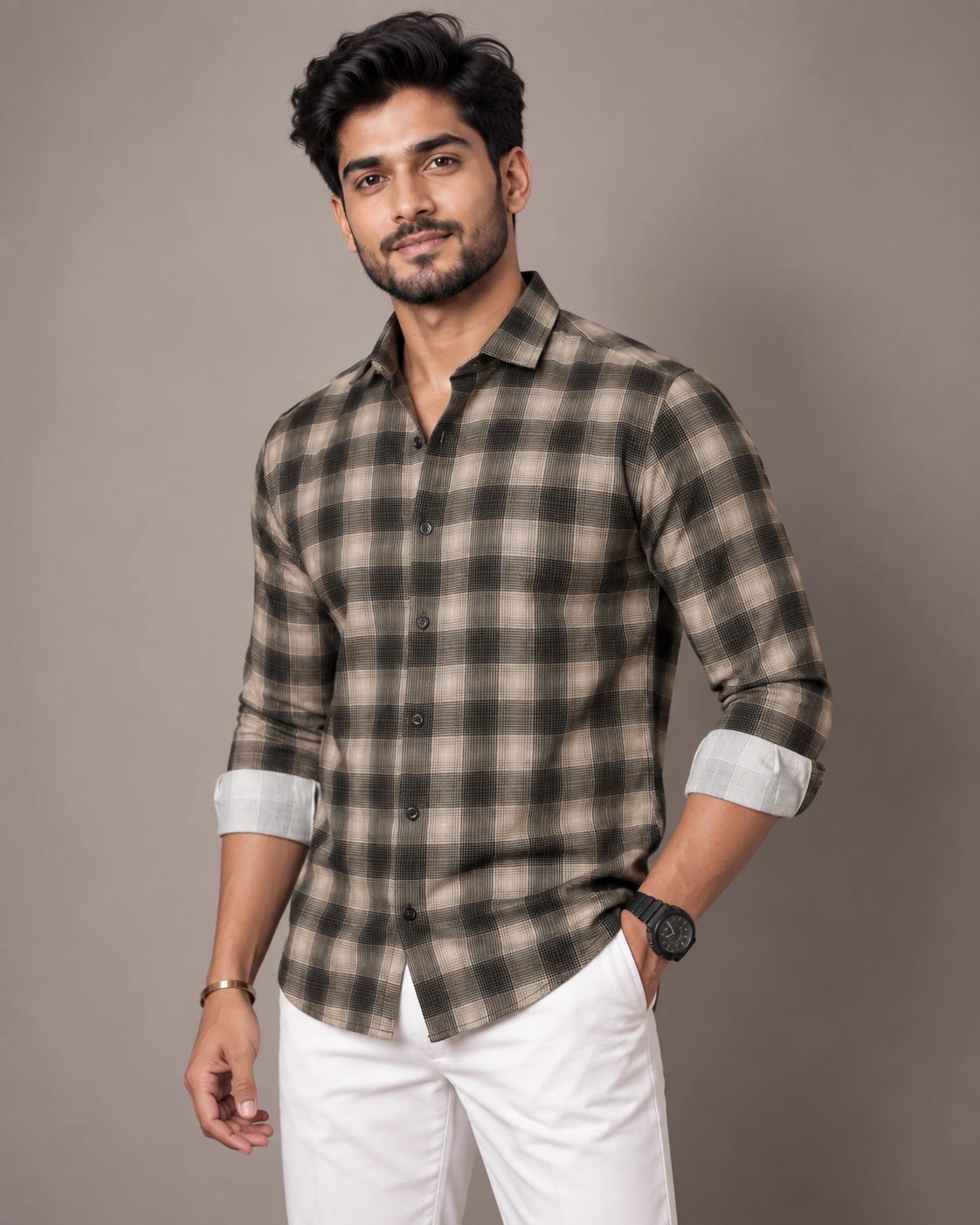 Brown Olive Check Shirt - Back View 1