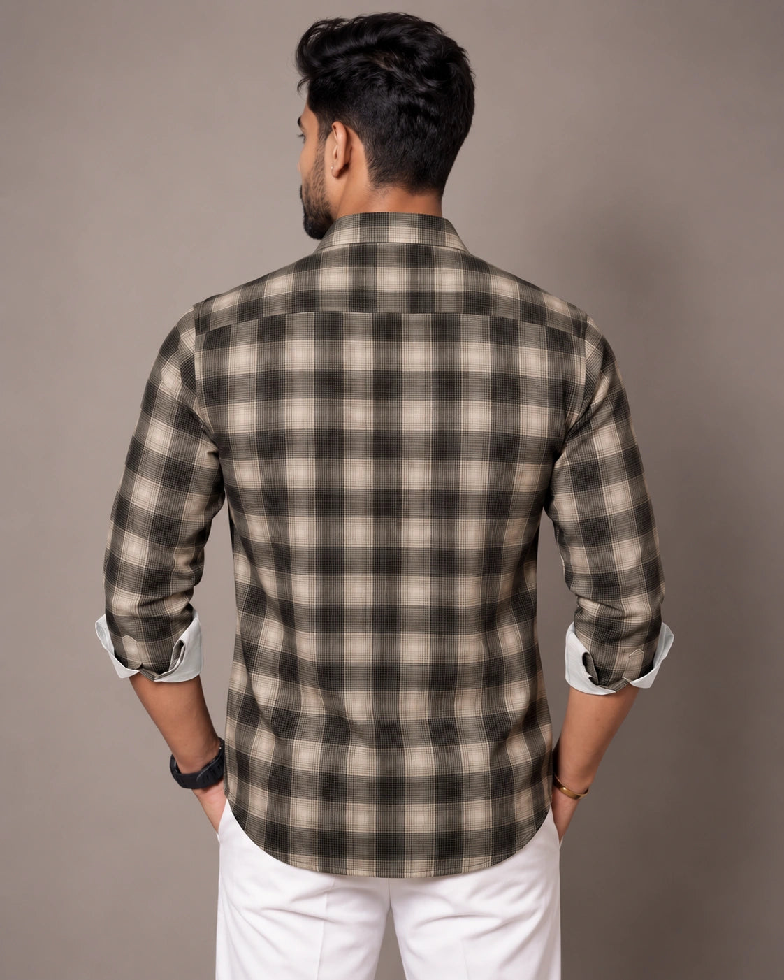 Brown Olive Check Shirt - Back View 2