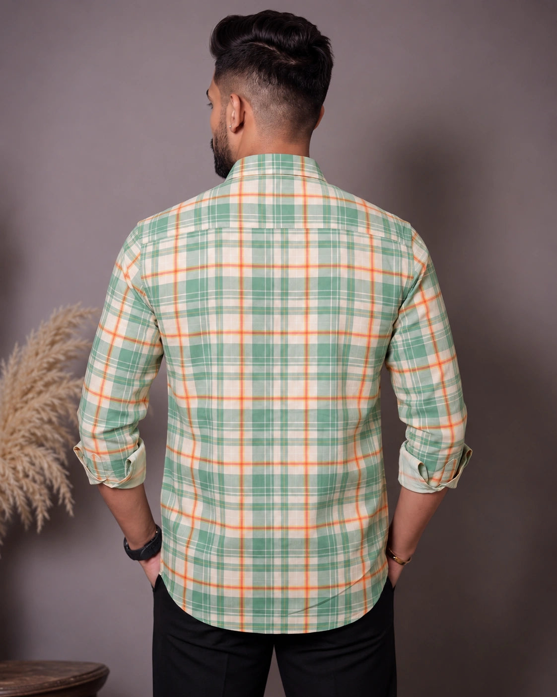 Mint Green Orange Check Shirt - Front View 1