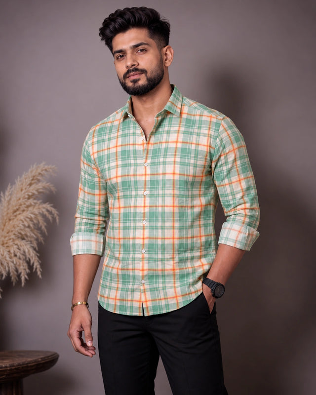 Mint Green Orange Check Slim Fit Shirt