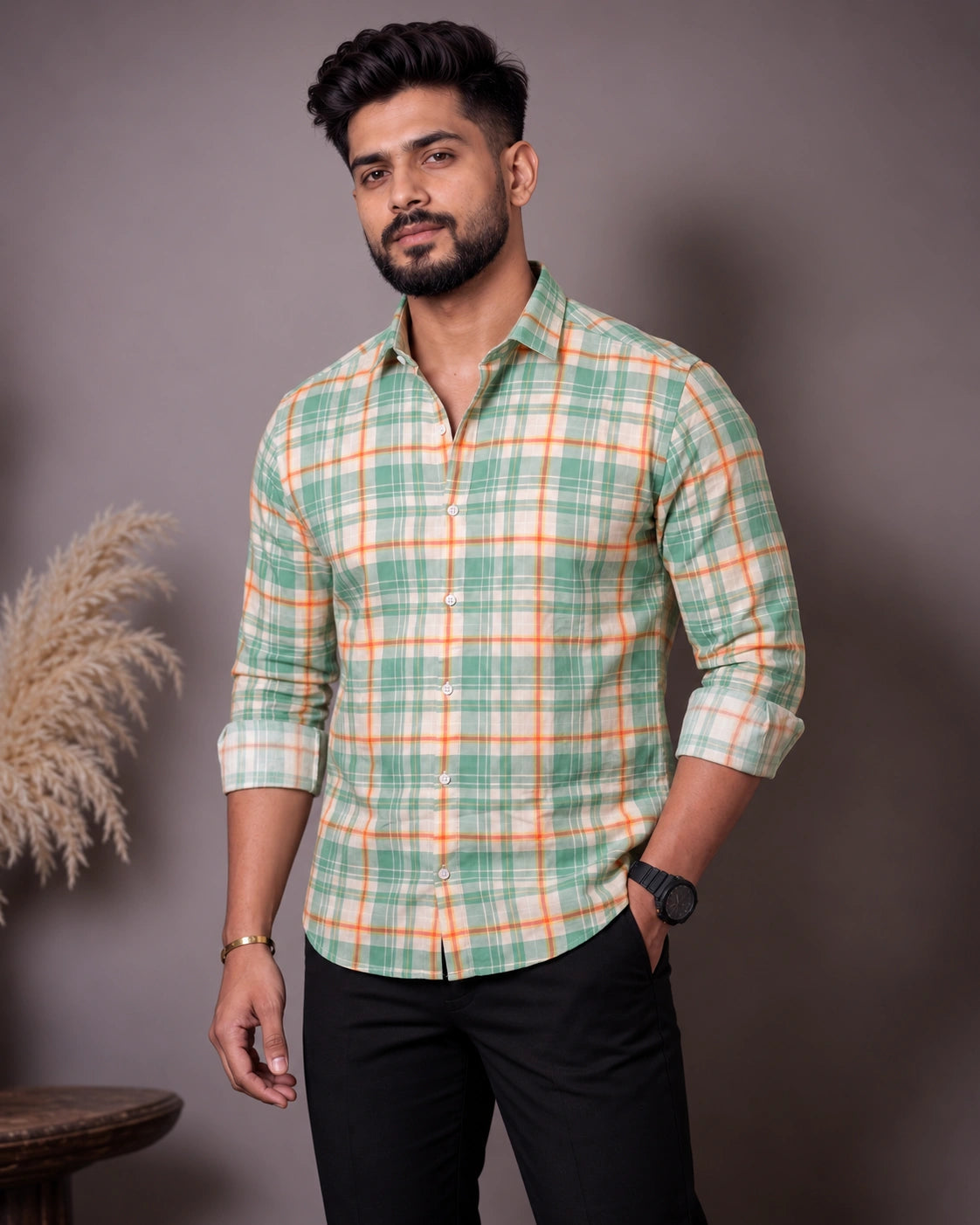 Mint Green Orange Check Shirt - Back View