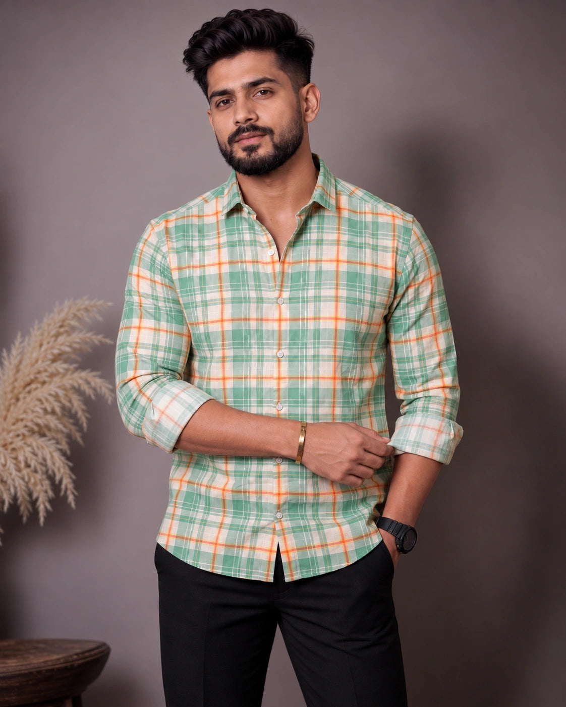 Mint Green Orange Check Shirt - Front View 2