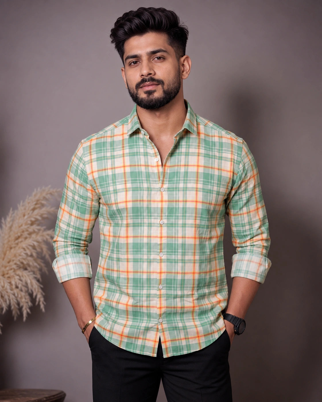Mint Green Orange Check Shirt - Front View 3