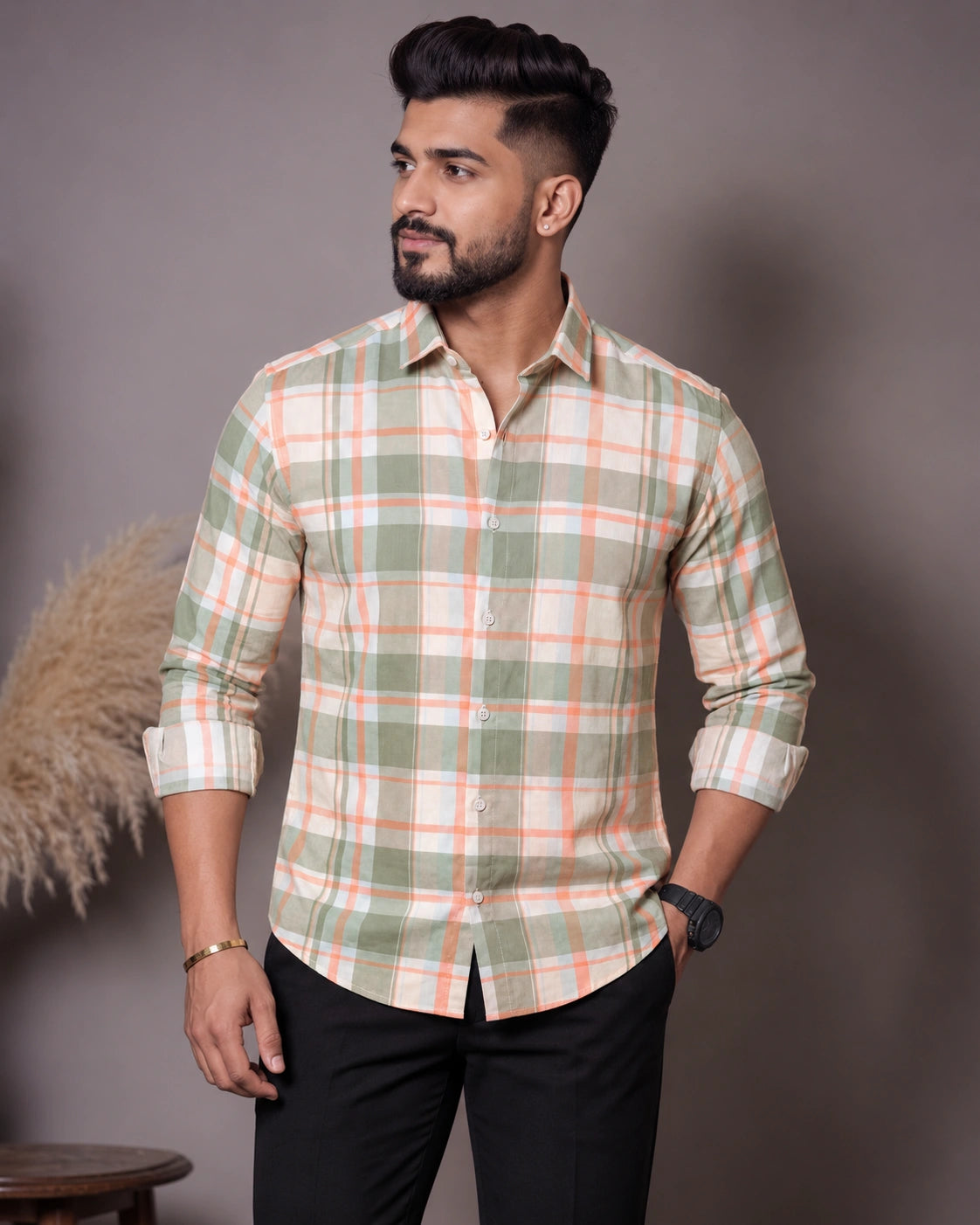 Cream Sage Check Shirt - Front View 1