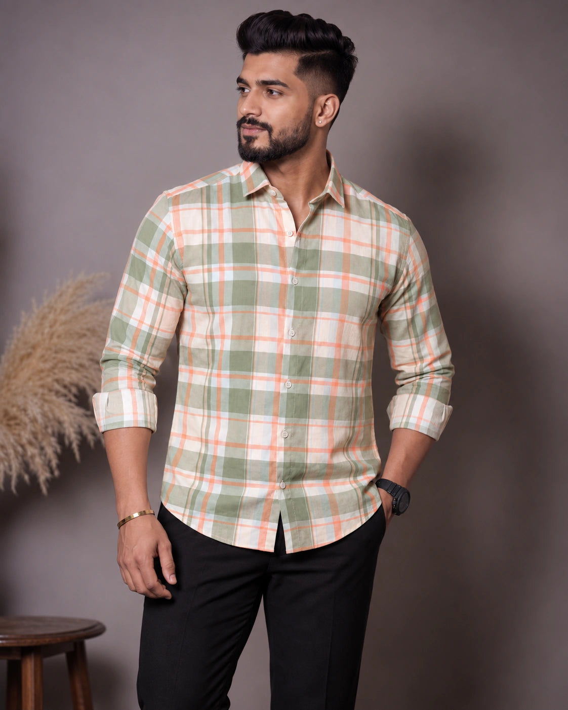 Cream Sage Check Shirt - Full Length