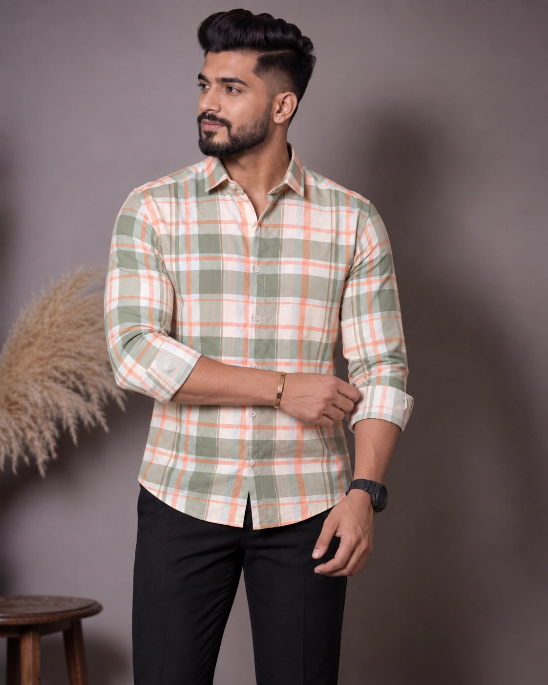 Cream Sage Check Shirt - Side View