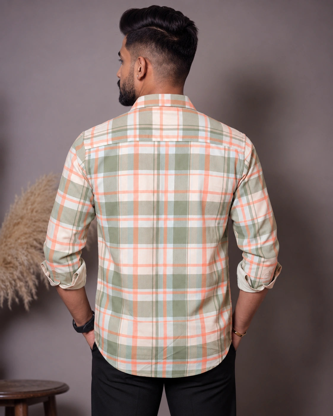 Cream Sage Check Shirt - Back View
