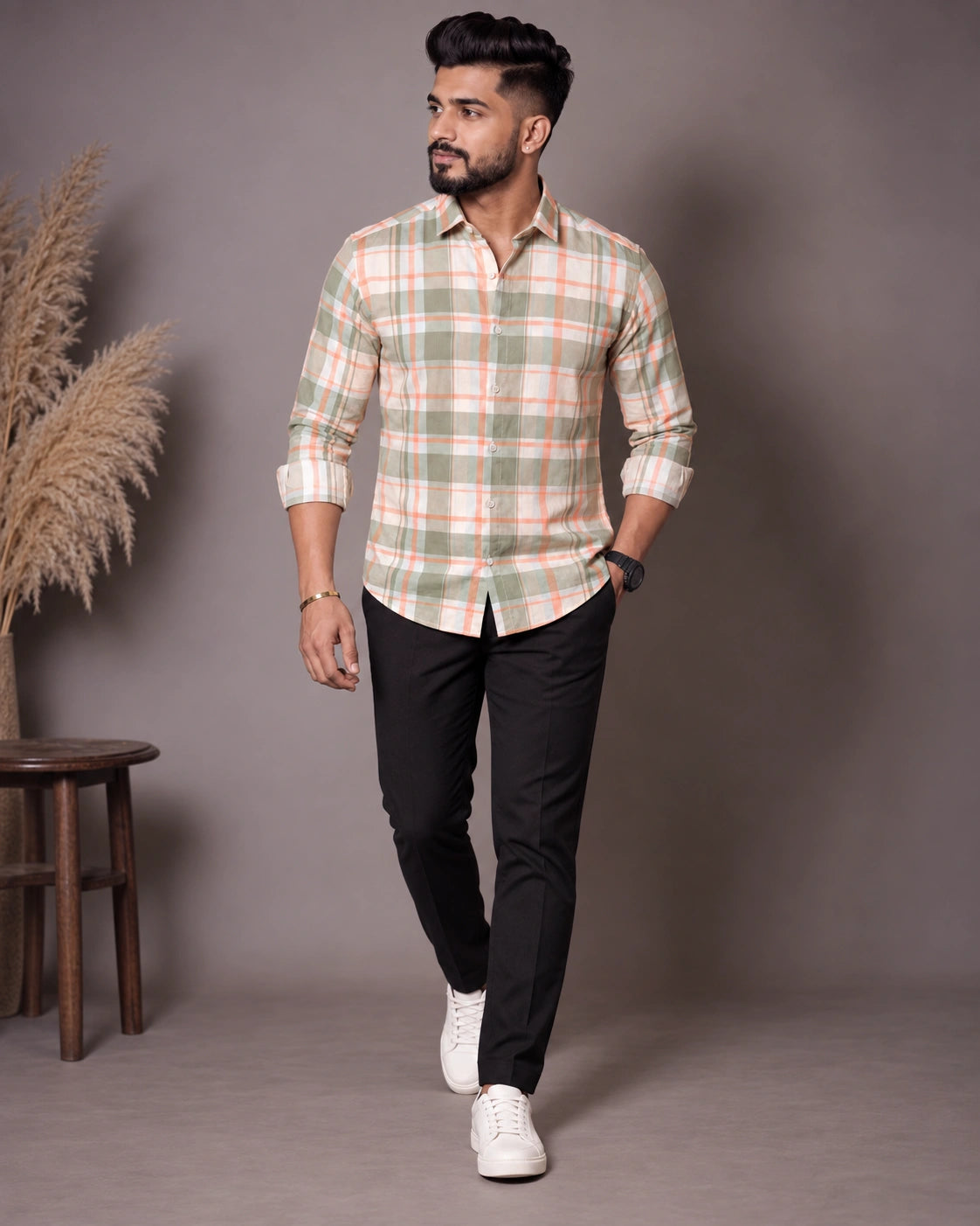 Cream Sage Check Shirt - Front View 2
