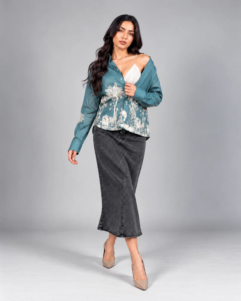Sea Green Jungle Print Slim Fit Shirt