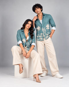 Sea Green Jungle Print Slim Fit Shirt