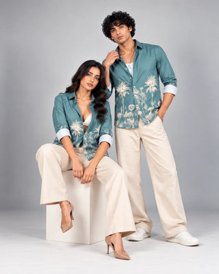 Sea Green Jungle Print Slim Fit Shirt