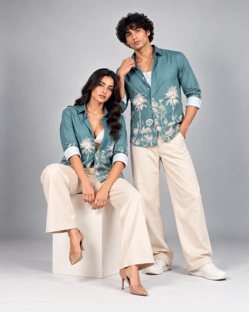 Sea Green Jungle Print Slim Fit Shirt