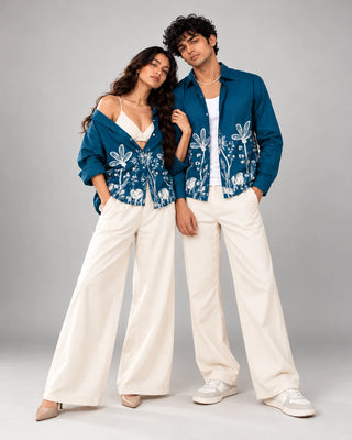 Petrol Blue Jungle Print Slim Fit Shirt