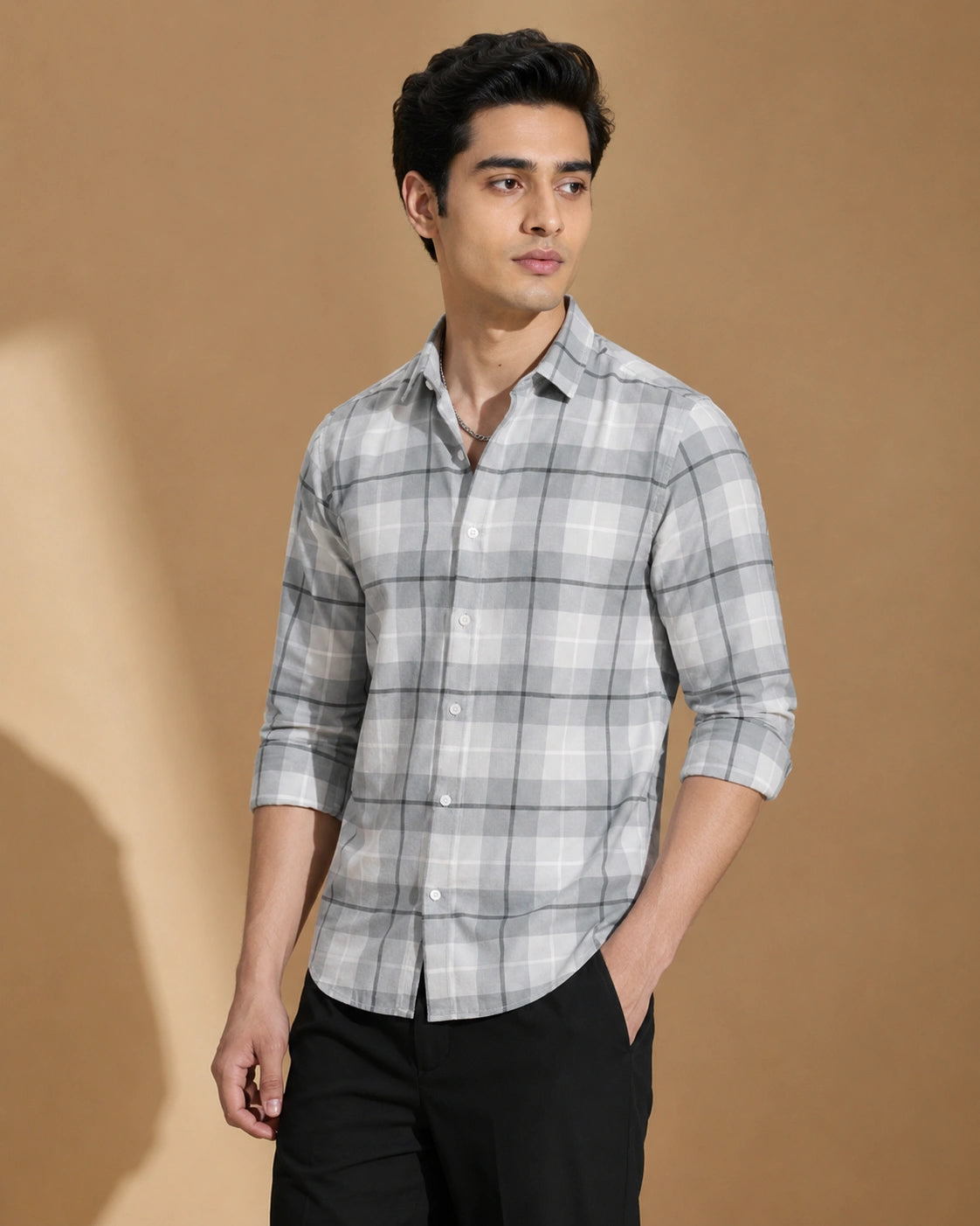 Grey check shirt - front full length view