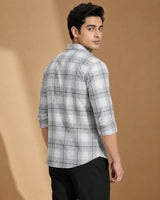 Grey check shirt - seated lifestyle