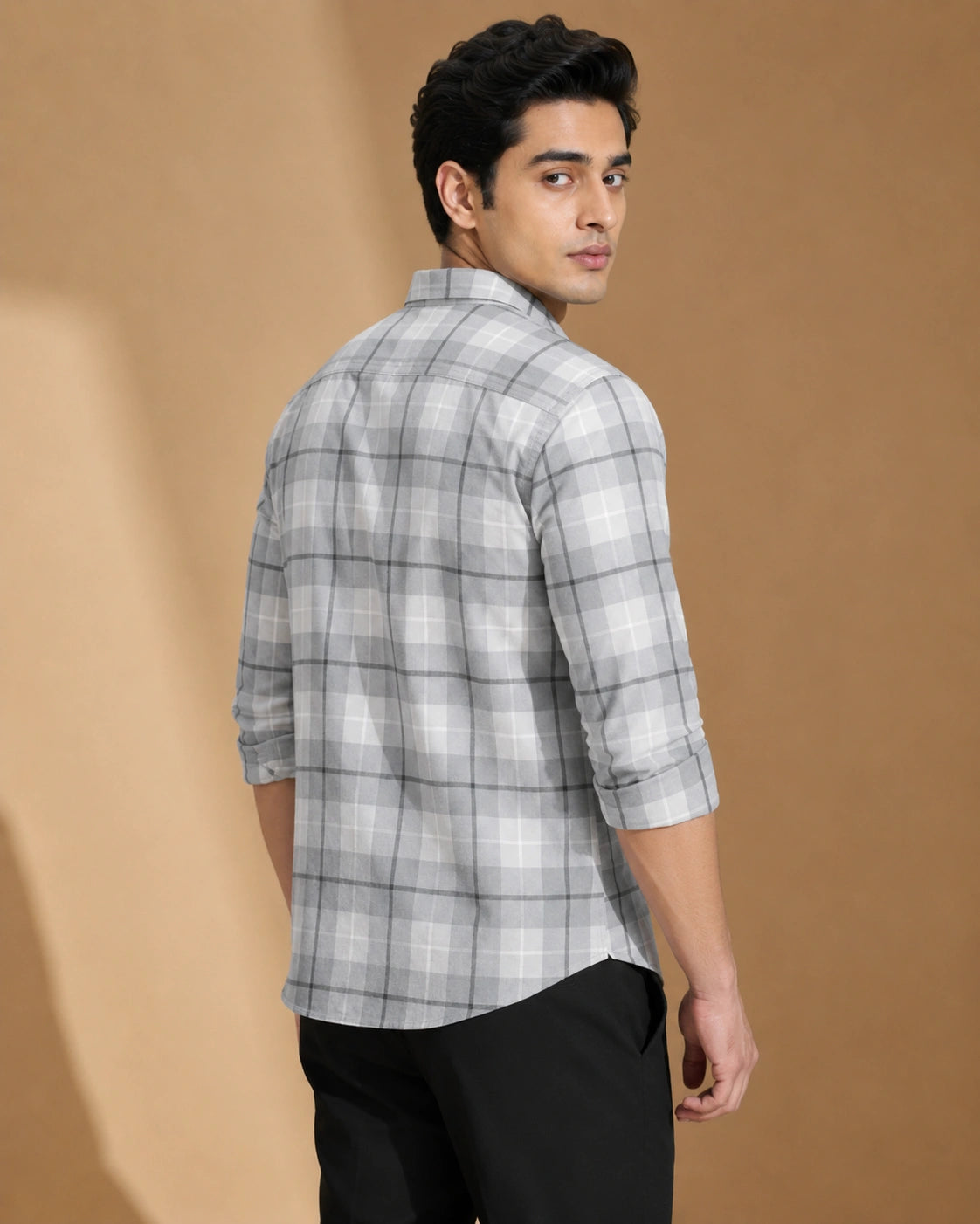 Grey check shirt - seated lifestyle